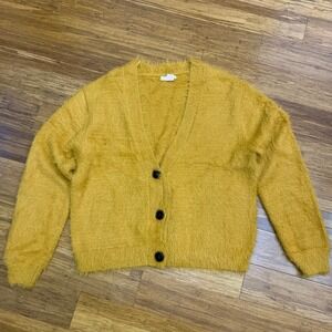 FOR THEE Mustard Yellow Fuzzy Knit Button Up Cardigan Sweater‎ Womens Size XS